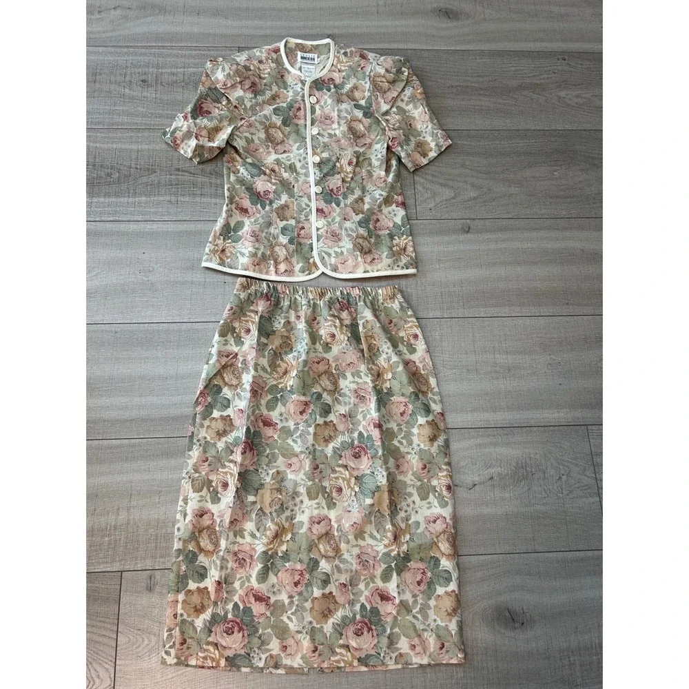 Vintage 90s Floral Skirt Set Cottagecore Rose Print Matching Two Piece Size 12